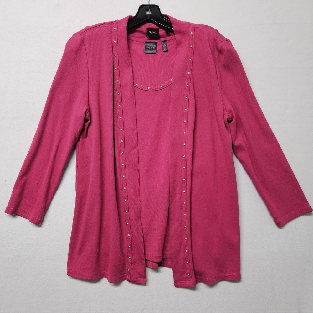 Rafaella Open Front Cardigan and Tank Set Fushia Pink Studded Cotton Knit Small